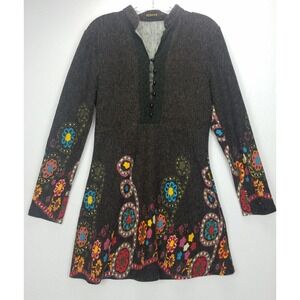 Reborn Dress Womens SZ S Brown Base Colorful Flowers Stand Up Collar